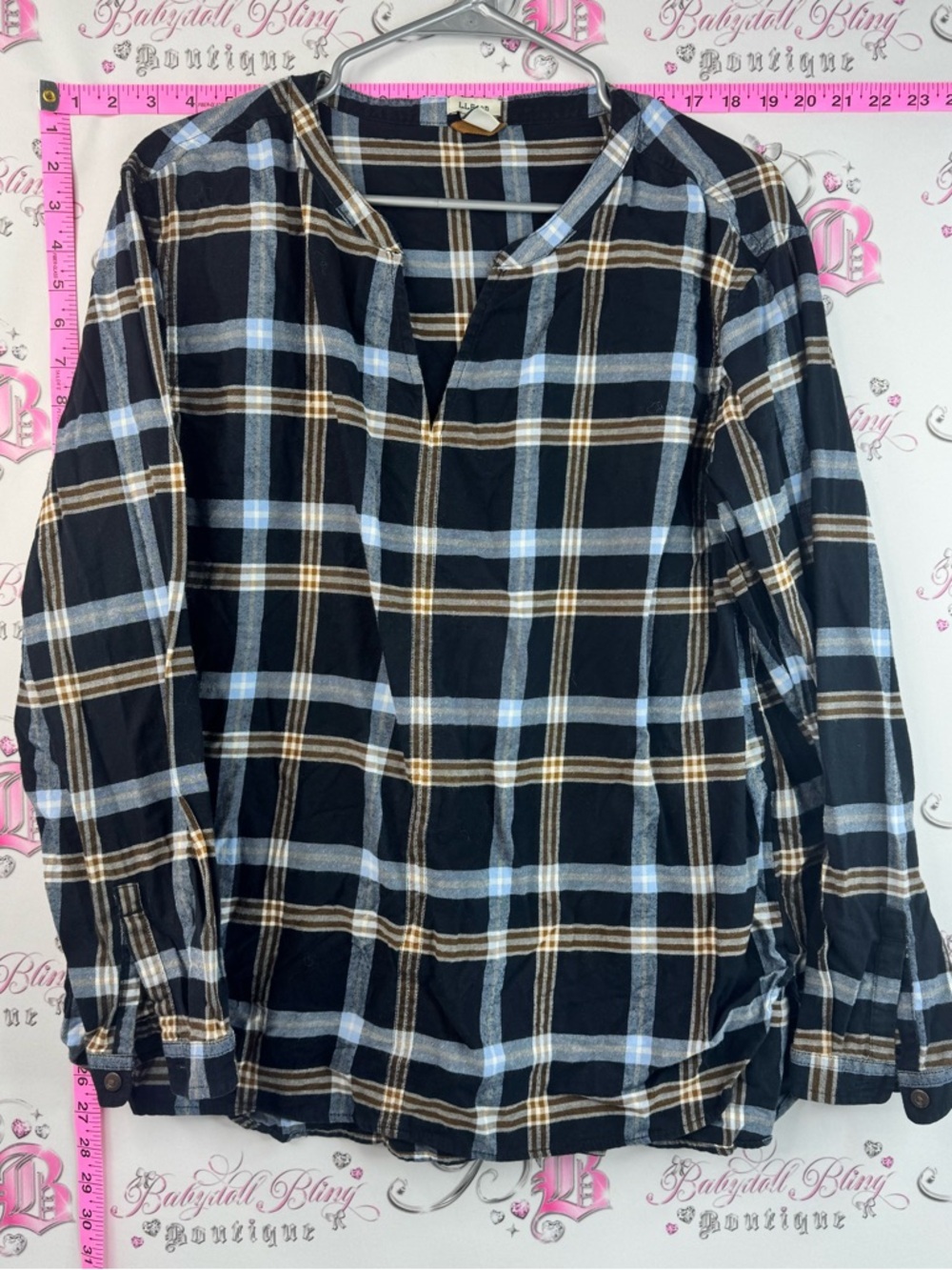 L.L. Bean shirt long sleeves Black navy brown Plaid Split-Neck Long-Sleeve Tunic